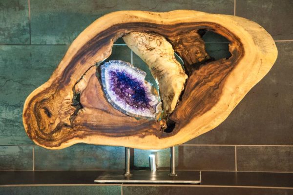 Inner Balance - Acacia Wood, Amethyst Geode, Steel Sculpture by Dorit Schwartz
