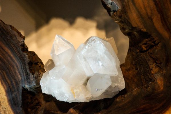 Bride - close-up - Quartz Crystal, Indian Apophyllite Crystal, Acacia Wood Sculpture by Dorit Schwartz