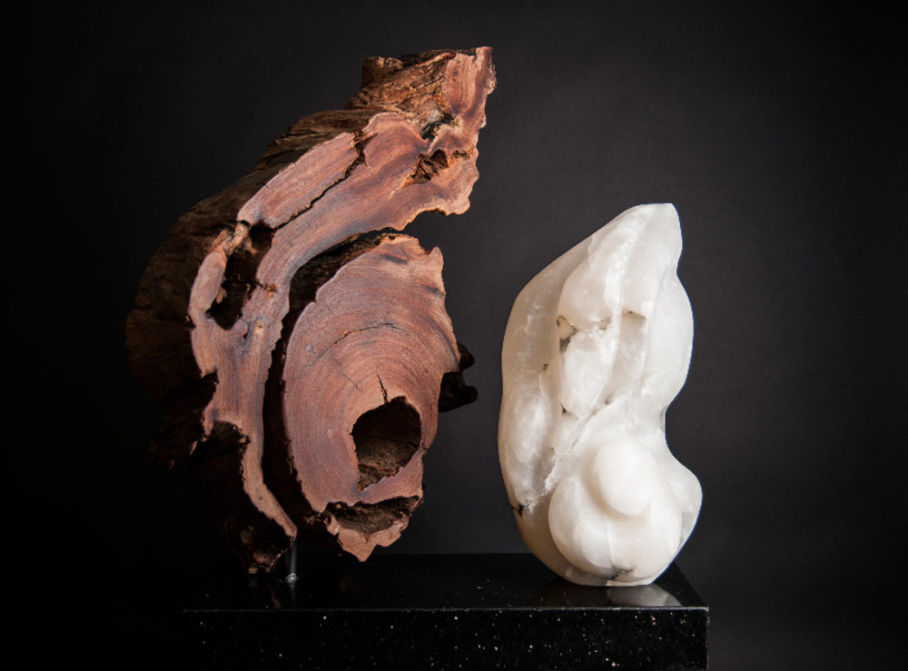 Nature Womb - Alabaster, Red Wood Sculpture by Dorit Schwartz