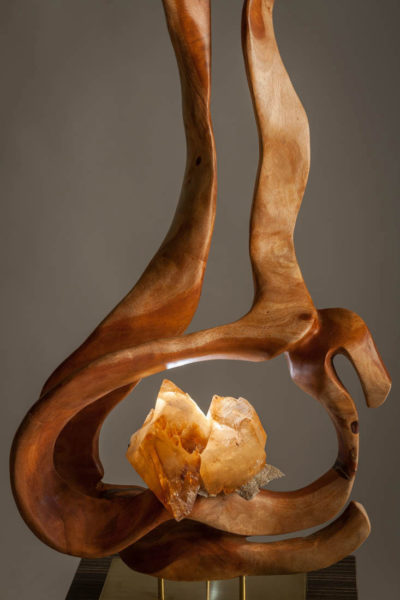 Spiritual Light - Organic Calcite and Zinc Crystals and Mahoni Wood Sculpture with a Brushed Brass Base and Lights by Fine Artist Dorit Schwartz – Las Vegas