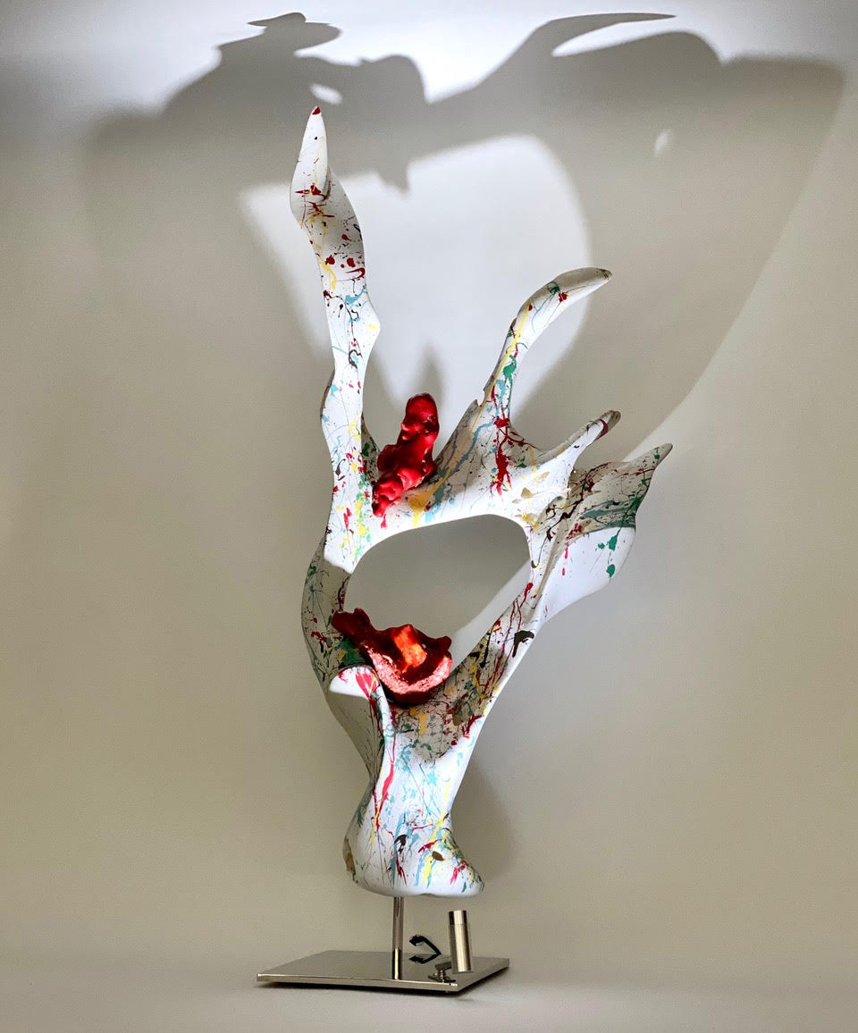 Inner Dancer by sculptor Dorit Schwartz (30 x 13 inches), Red Coral from the Mediterranean Sea, painted Teak Wood, High-Polished Stainless Steel, LED Lights